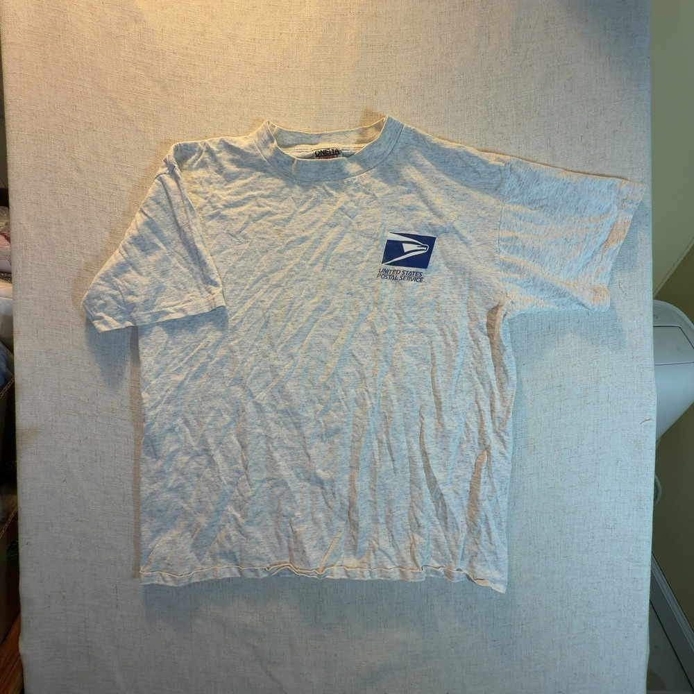 Vintage 90s Oneita Power-T USPS Graphic T-Shirt Heather Gray Size Large